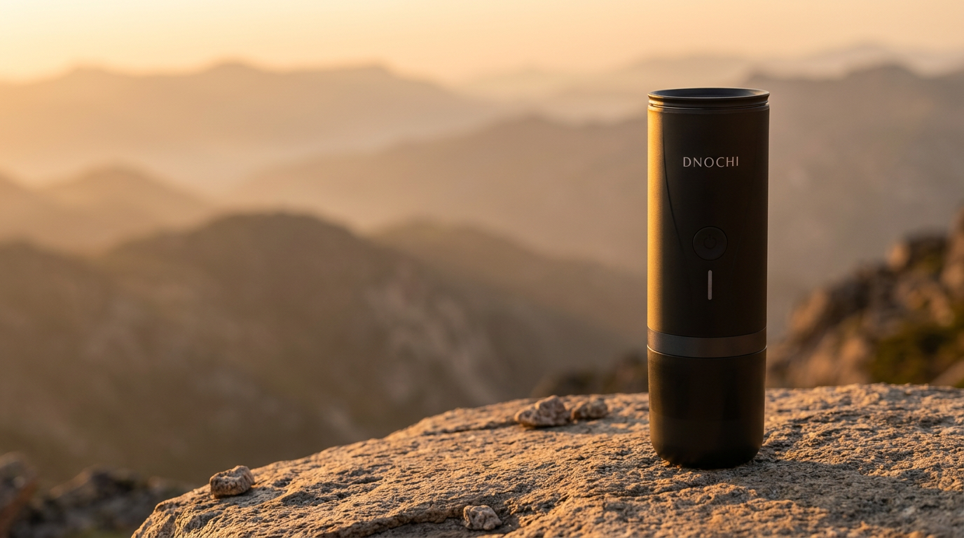DNOCHI portable espresso machine on a stone ledge at sunrise